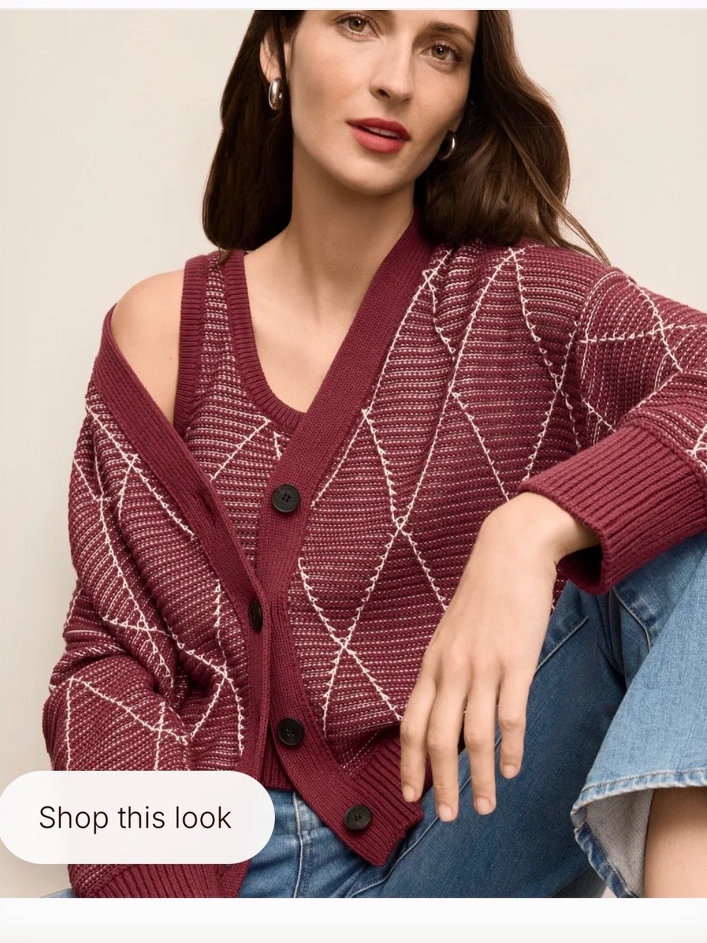 MM Lafleur Wine and White Diamond-Pattern Cardigan & Tank